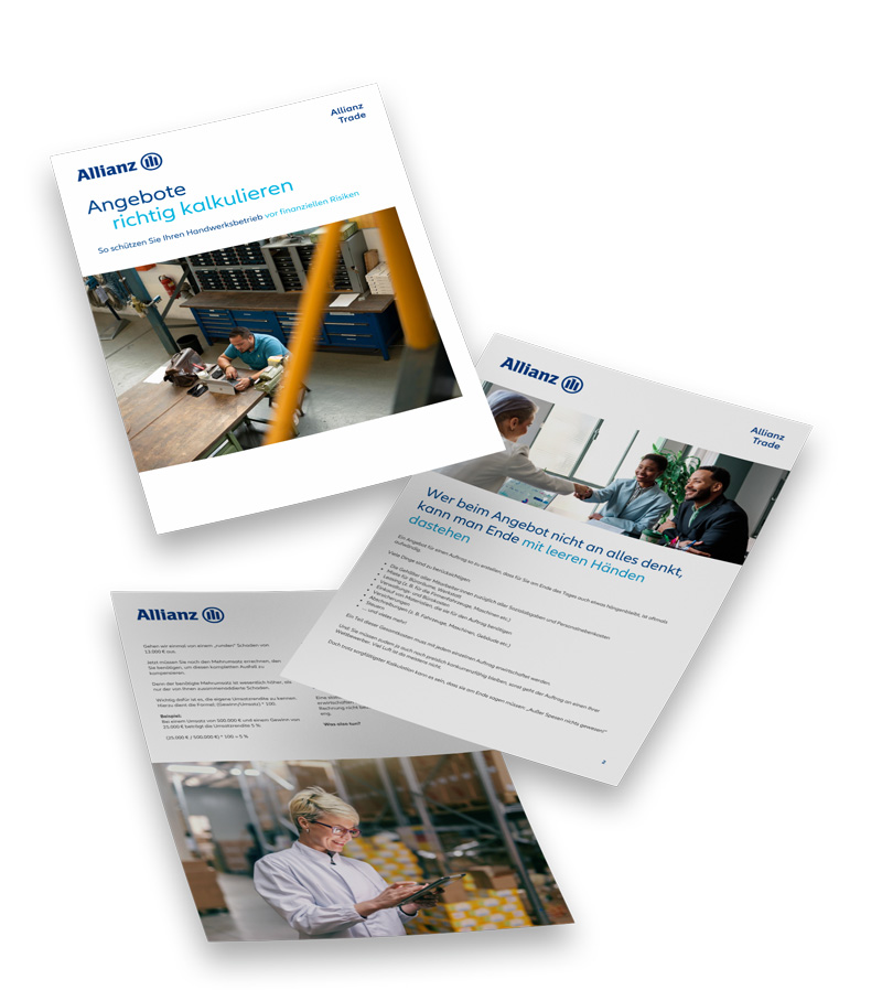 Fliegende Papiere mit Vorschau des Allianz Trade Ratgebers "Angebote richtig kalkulieren"