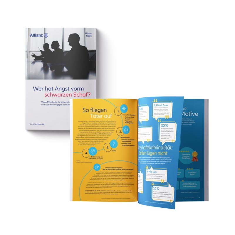 Aufgeblätterte Broschüre als Vorschau des Allianz Trade Ratgebers "Innentäter"