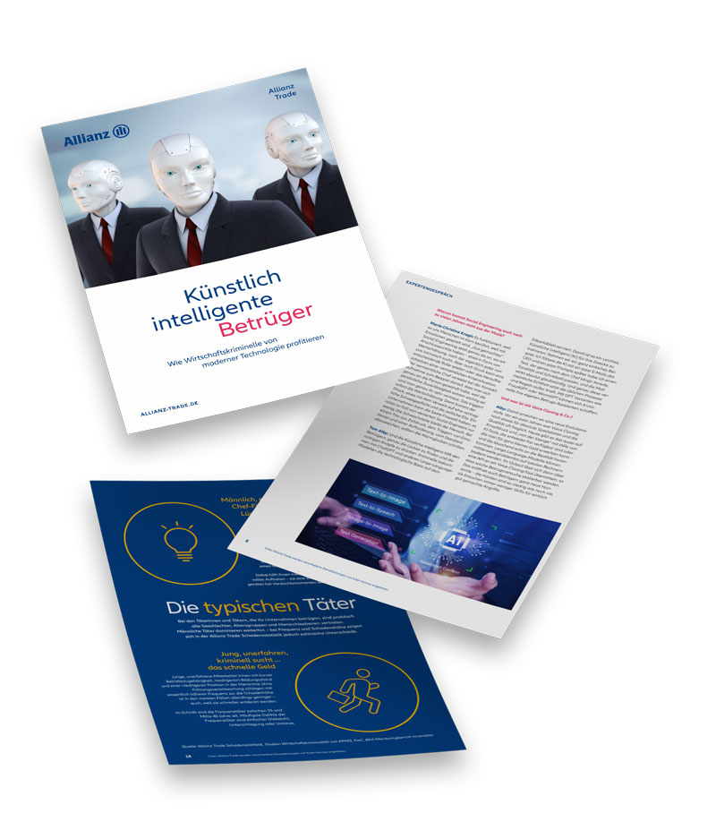 Papierstapel mit Vorschau des Ratgebers "Künstlich intelligente Bürger" von Allianz Trade