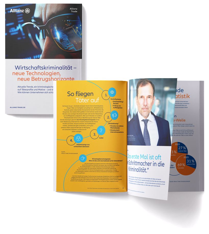 Aufgeblätterte Broschüre als Vorschau für den Allianz Trade Ratgeber "Wirtschaftskriminialtät"