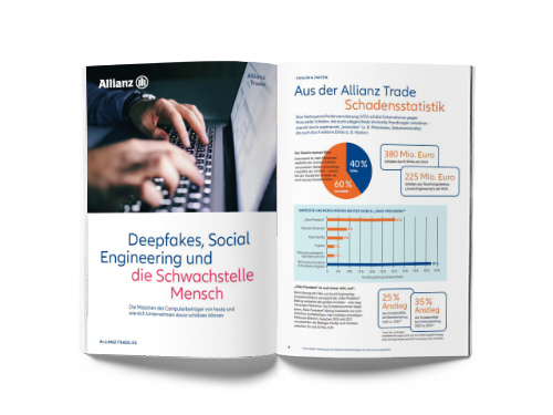 Aufgeschlagene Broschüre als Vorschau für den Ratgeber "Deepfakes, Social Engineering und die Schwachstelle Mensch" von Allianz Trade